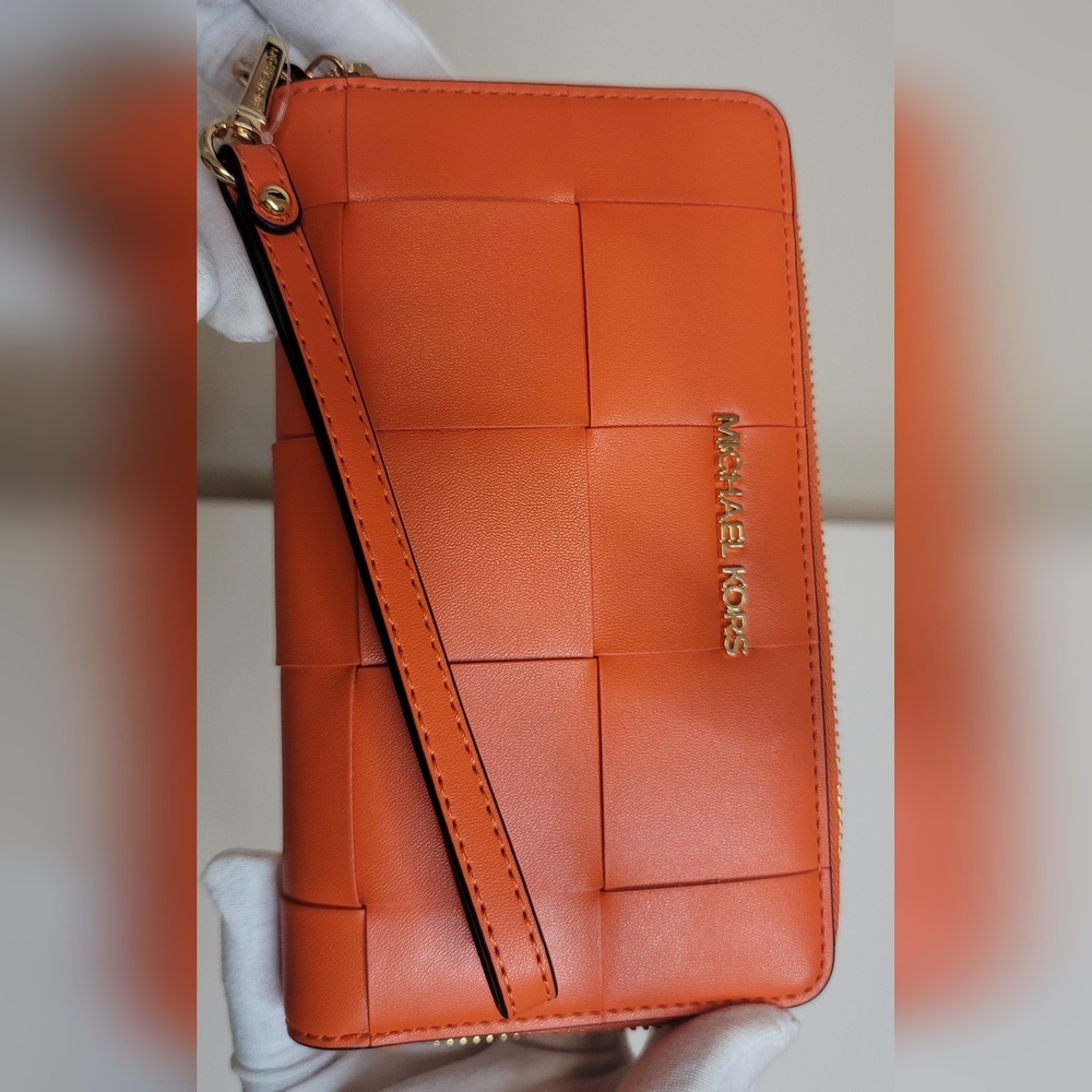 Orange Michael Kors Large Flat Phone Case Wristlet Wallet Grid Poppy